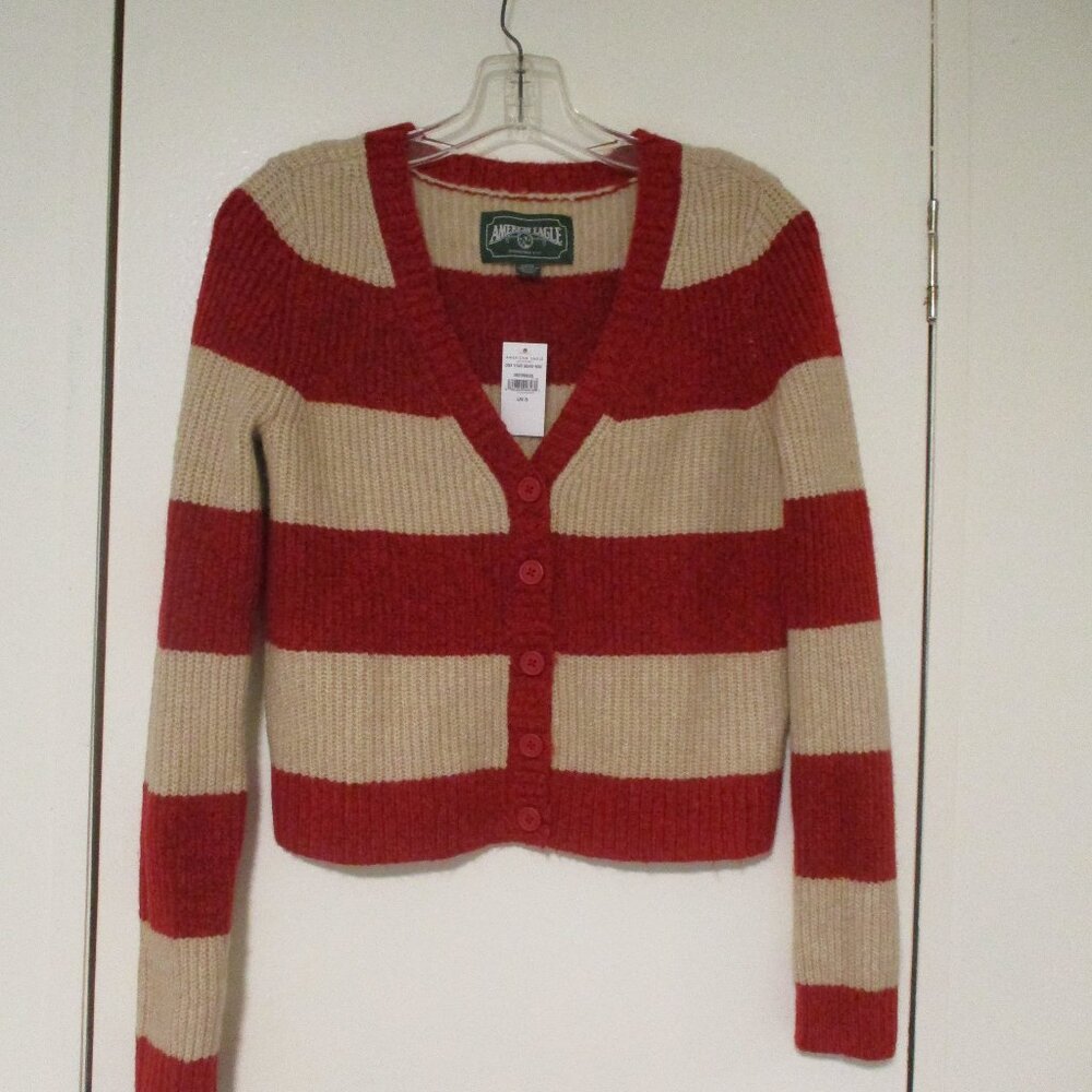 NWT American Eagle Cropped RED beige large stripe cardigan sweater S